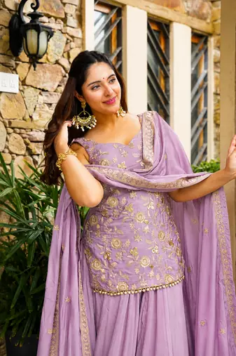 Mauve purple heavy diamond silk sequins zari & thread embroidered sharara suit set with dupatta