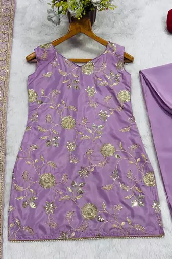 Mauve purple heavy diamond silk sequins zari & thread embroidered sharara suit set with dupatta