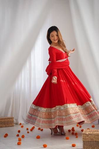 Red pure blooming vichitra silk blend anarkali gown set