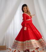 Red pure blooming vichitra silk blend anarkali gown set