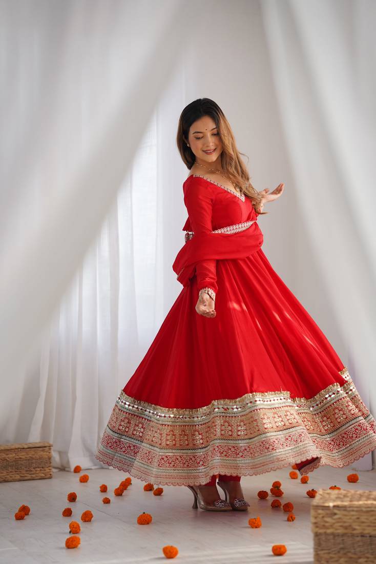 Red pure blooming vichitra silk blend anarkali gown set