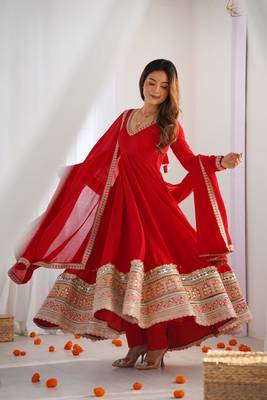 Red pure blooming vichitra silk blend anarkali gown set 2