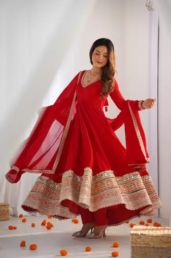 red pure blooming vichitra silk blend anarkali gown set