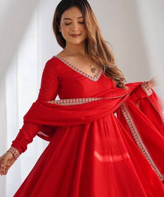 Red pure blooming vichitra silk blend anarkali gown set 4