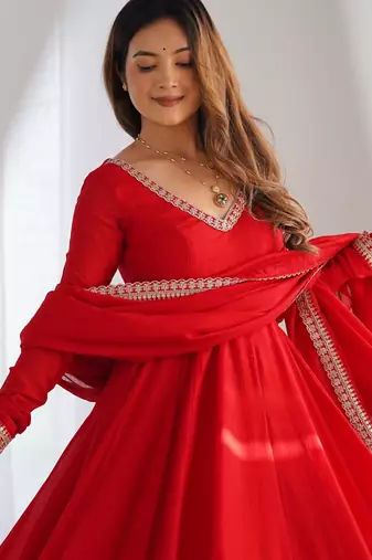 red pure blooming vichitra silk blend anarkali gown set