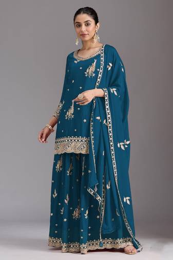 teal blue heavy chinon sequins salwar suit set