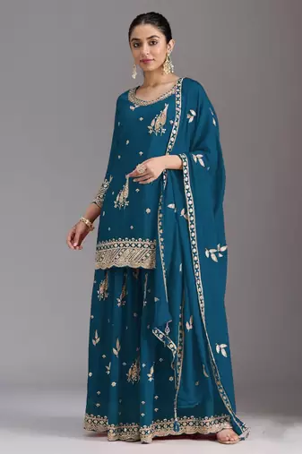 teal blue heavy chinon sequins salwar suit set