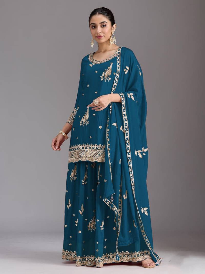Teal blue heavy chinon sequins salwar suit set