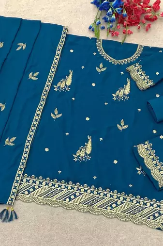 teal blue heavy chinon sequins salwar suit set
