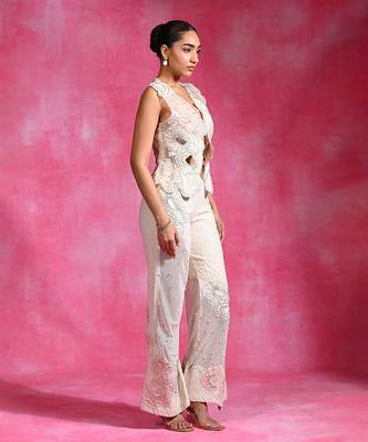Ivory embroidered thin jute organza jacket set 1