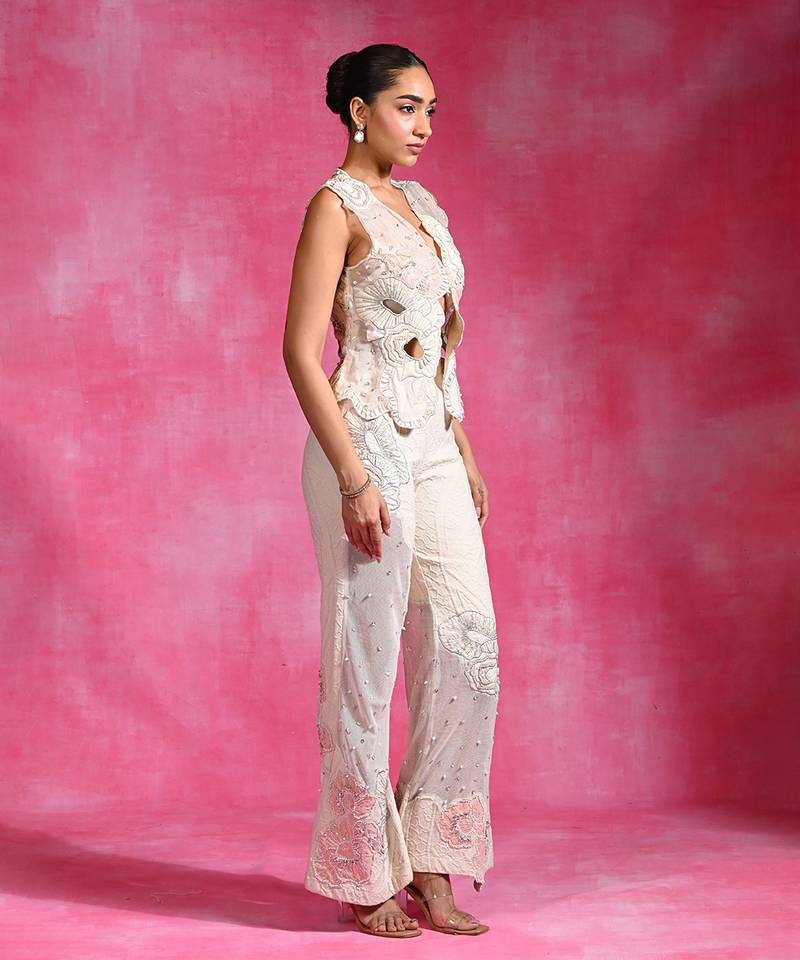 Ivory embroidered thin jute organza jacket set