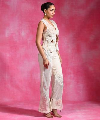 Ivory embroidered thin jute organza jacket set 2