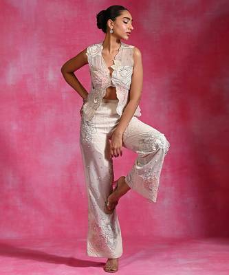 Ivory embroidered thin jute organza jacket set 3