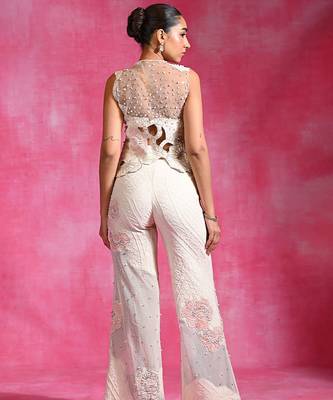 Ivory embroidered thin jute organza jacket set 5