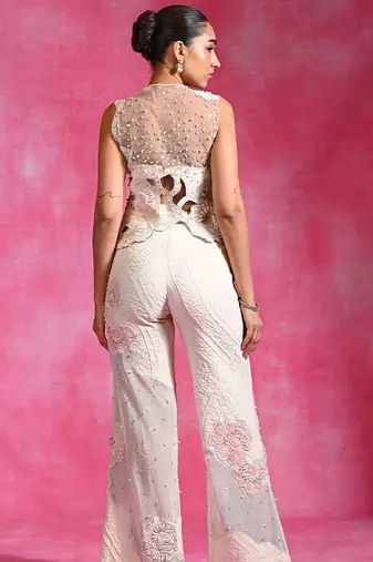 Ivory embroidered thin jute organza jacket set
