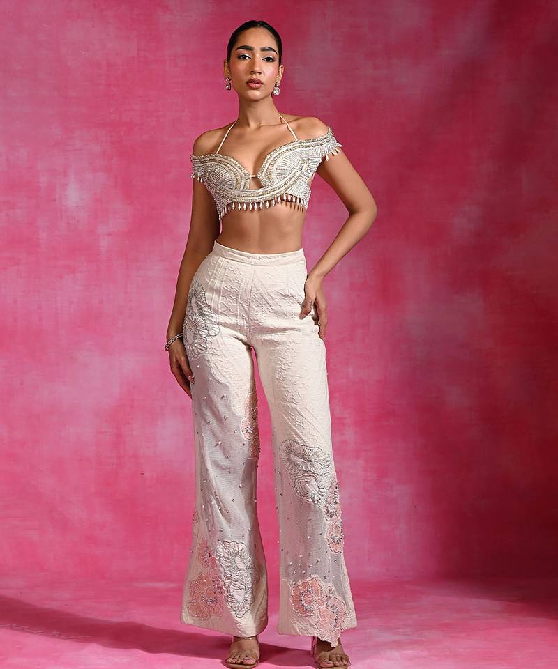 Ivory embroidered luxe muslin organza co ord set
