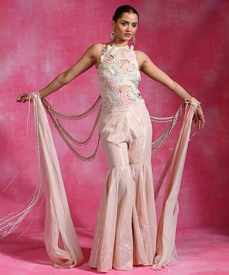 Blush pink ivory embroidered shimmer luxe indo western sharara set 1
