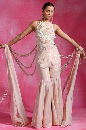 Blush pink ivory embroidered shimmer luxe indo western sharara set