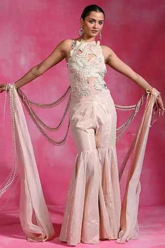 Blush pink ivory embroidered shimmer luxe indo western sharara set