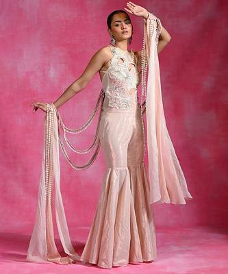 Blush pink ivory embroidered shimmer luxe indo western sharara set 2
