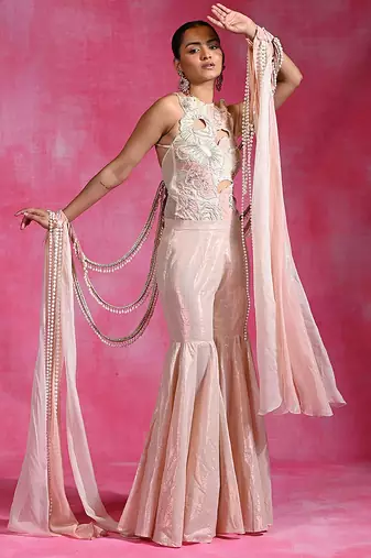 Blush pink ivory embroidered shimmer luxe indo western sharara set
