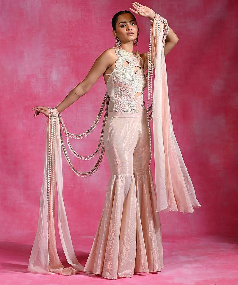 Blush pink ivory embroidered shimmer luxe indo western sharara set