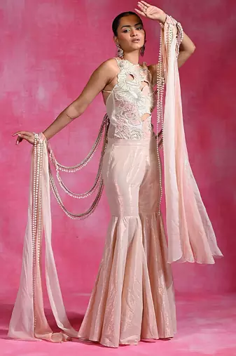 Blush pink ivory embroidered shimmer luxe indo western sharara set