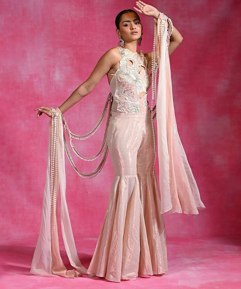 Blush pink ivory embroidered shimmer luxe indo western sharara set