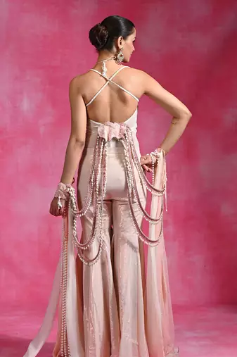 Blush pink ivory embroidered shimmer luxe indo western sharara set