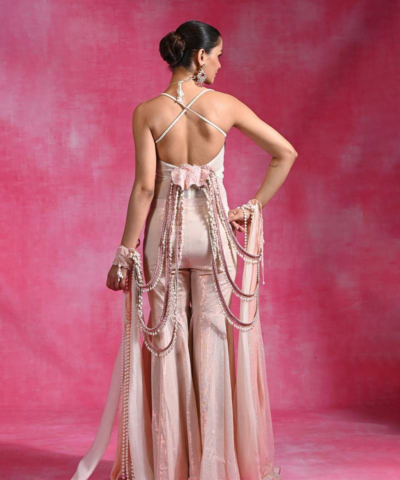 Blush pink ivory embroidered shimmer luxe indo western sharara set