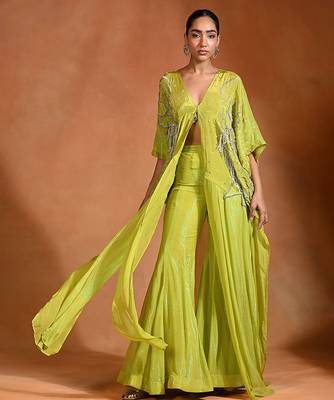 Lime green embroidered crepe kaftan set 1