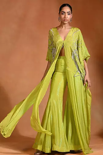 Lime green embroidered crepe kaftan set