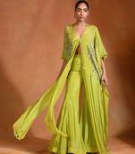 Lime green embroidered crepe kaftan set
