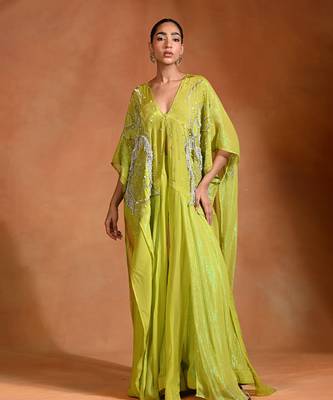 Lime green embroidered crepe kaftan set 2