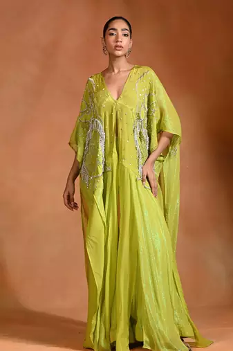 Lime green embroidered crepe kaftan set