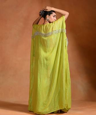 Lime green embroidered crepe kaftan set 3