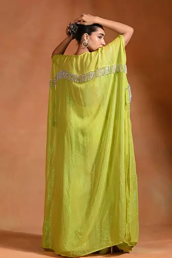 Lime green embroidered crepe kaftan set