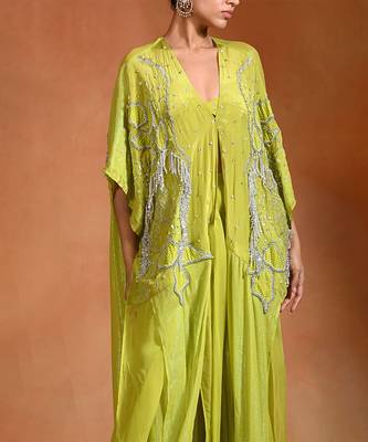 Lime green embroidered crepe kaftan set 4
