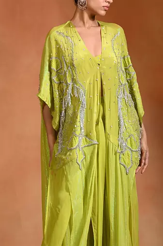 Lime green embroidered crepe kaftan set
