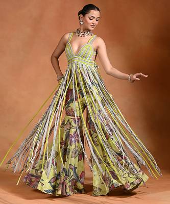 Lime green embroidered crepe fusion sharara set 1