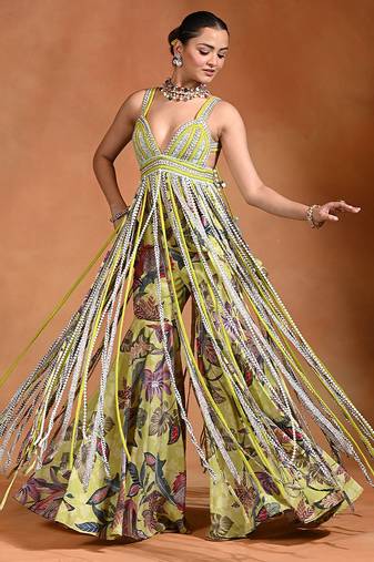 Lime green embroidered crepe fusion sharara set