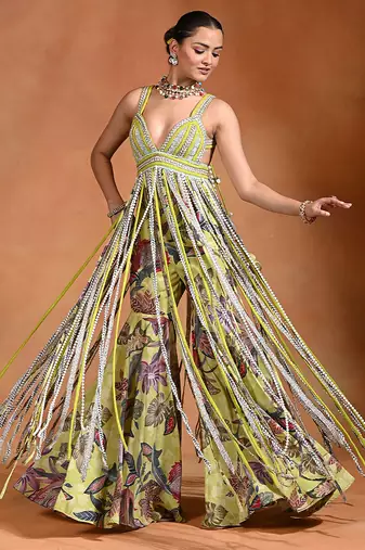 Lime green embroidered crepe fusion sharara set