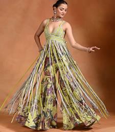 Lime green embroidered crepe fusion sharara set