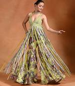 Lime green embroidered crepe fusion sharara set