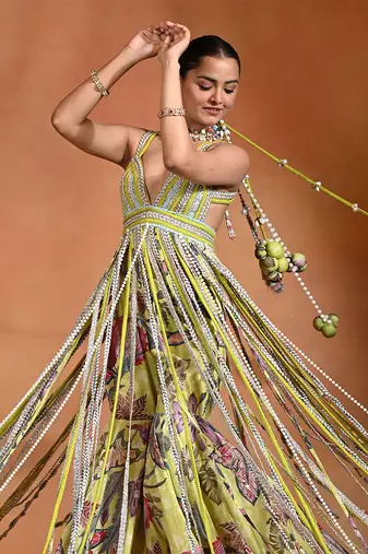 Lime green embroidered crepe fusion sharara set