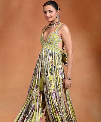 Lime green embroidered crepe fusion sharara set 3