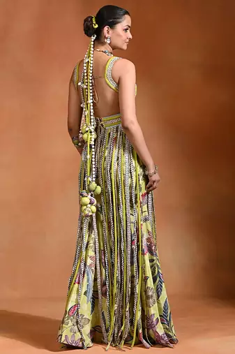 Lime green embroidered crepe fusion sharara set
