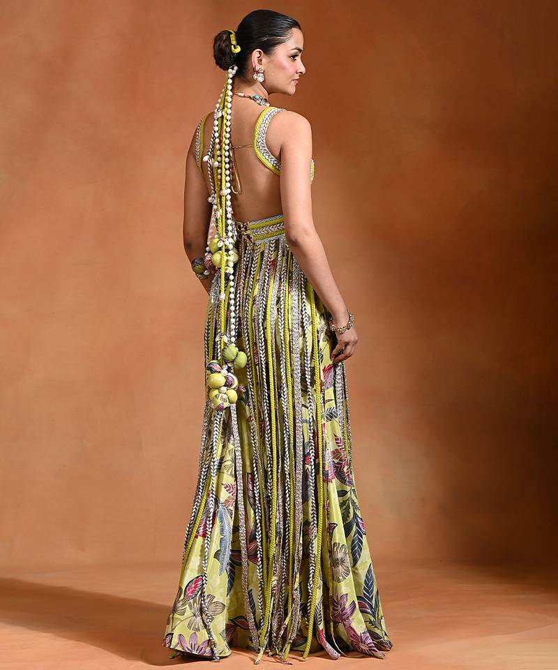 Lime green embroidered crepe fusion sharara set