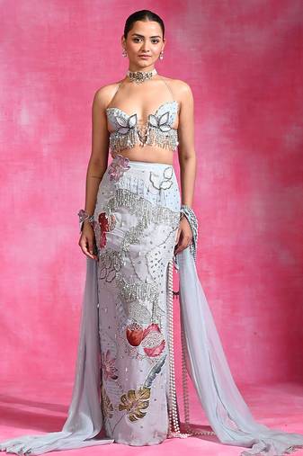 Ice blue embroidered organza crepe skirt set