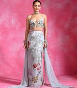Ice blue embroidered organza crepe skirt set